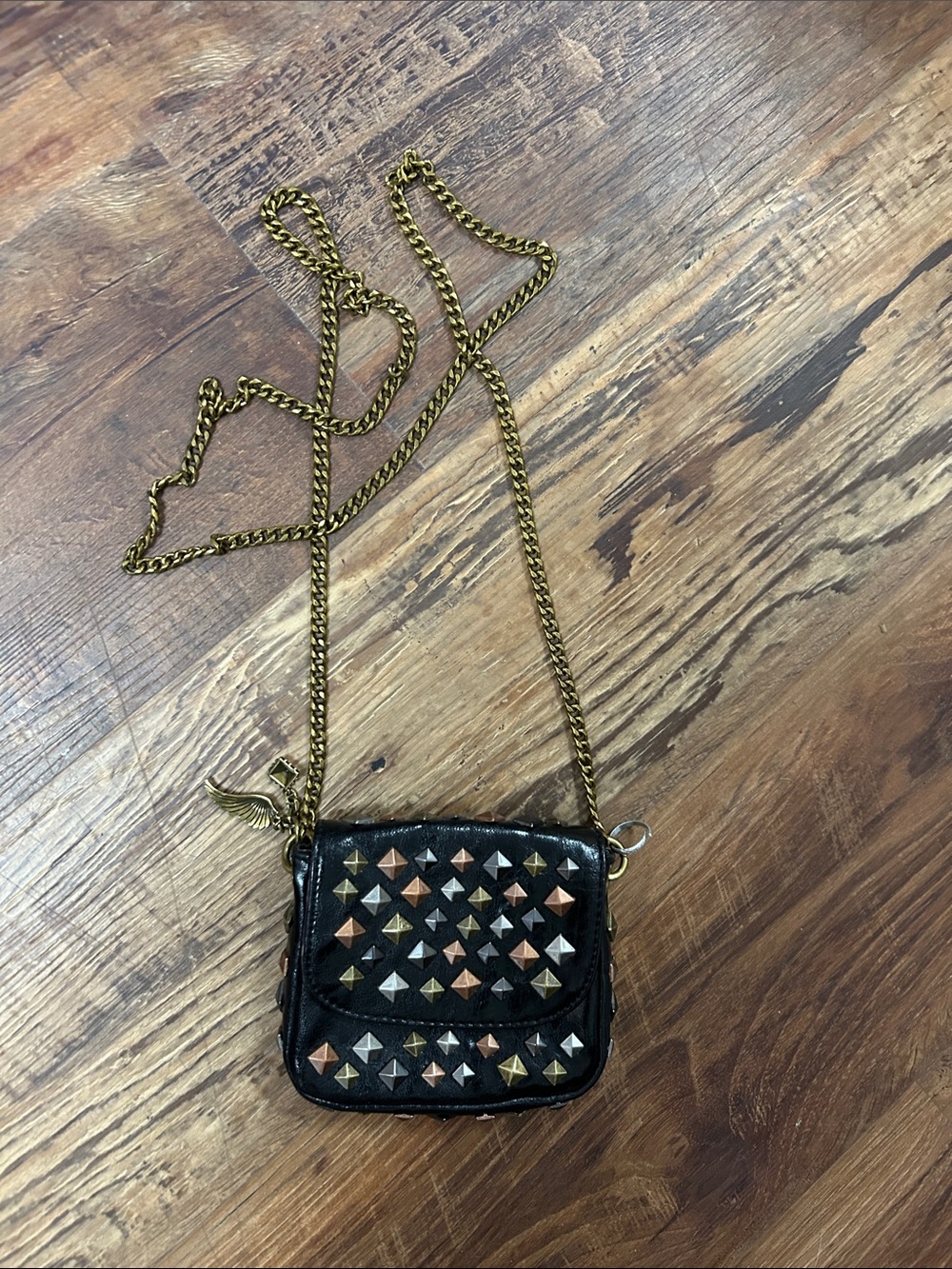RACHEL Rachel Roy Black Crossbody with Mixed Metal Studs and Gold Chain